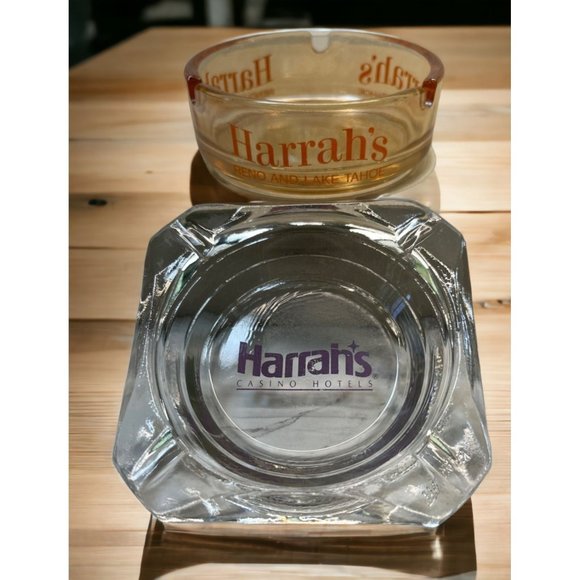 Harrahs Ashtray Hotel and Casino Souvenir Set Reno Lake Tahoe Orange Clear Glass - Picture 1 of 10